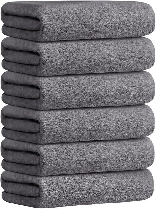 JML Large Microfiber Bath Towels Set 6 Pack (30" x 60") - Soft, Absorbent, Quick Drying Bathroom Towel with Hanging Hook for Adult, Swim, Gym, Spa, Fitness, Sports, Yoga, Grey