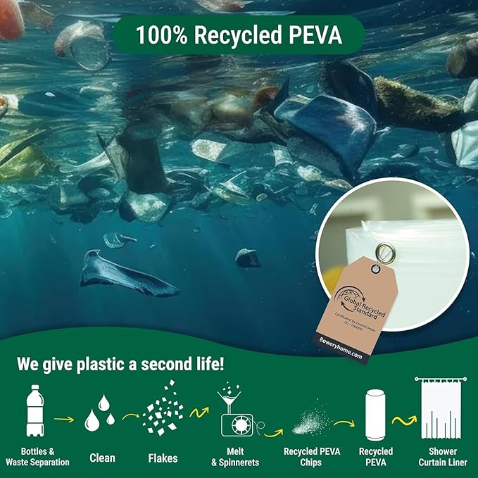 Bowery Home NOT Made in China Eco-Friendly Recycled PEVA Shower Curtain Liner – Waterproof, Sustainable, Non-Toxic Shower Curtain Liner, with Rust-Proof Grommets, 72x72IN, 8G – Clear