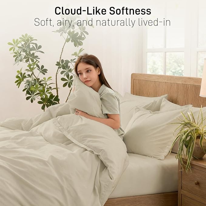 Duvet Cover Set Twin Size, 100% Washed Cotton, Light Weight Breathable Comforter Cover Linen Feel,2PCs Breathable Bedding Set for All Season, Frosted Almond 68"x90"