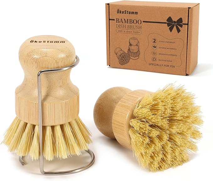 2 Pack Bamboo Dish Brush with Drain Holder - Natural Scrub Brush for Dish with Sisal Bristle, Wooden Dish Scrubber for Kitchen Cleaning Dishes, Pots, Pans and Vegetables