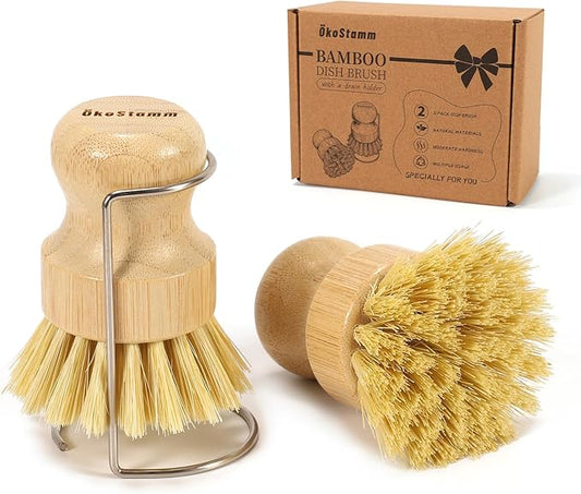 2 Pack Bamboo Dish Brush with Drain Holder - Natural Scrub Brush for Dish with Sisal Bristle, Wooden Dish Scrubber for Kitchen Cleaning Dishes, Pots, Pans and Vegetables