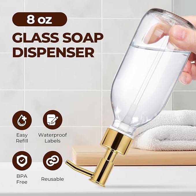 8 oz Clear Glass Pump Bottle, 250ml Small Lotion Dispenser Bottle for Body Massage Oil, Refillable Empty Hand and Dish Soap Dispensers Set with Plastic Golden Pump, Labels - 2 Pack