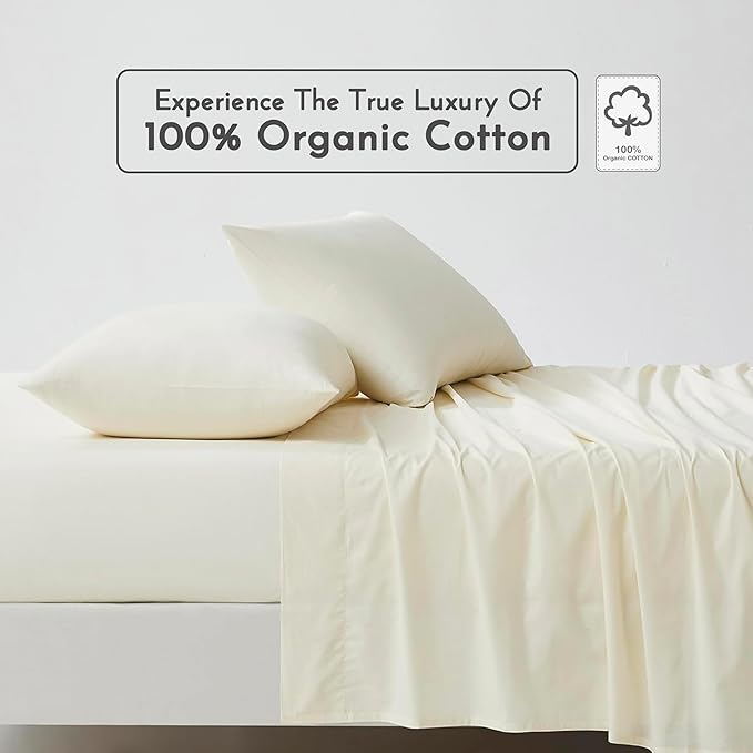 Linen Closet 100% Organic Cotton Queen Sheets Set, 4 Pieces, Fresh Ivory - Percale Bed Sheets & Pillowcases Set - Up To 16" Deep Pocket Fitted Sheet - Cooling, Crisp & Breathable - For Hot Sleepers