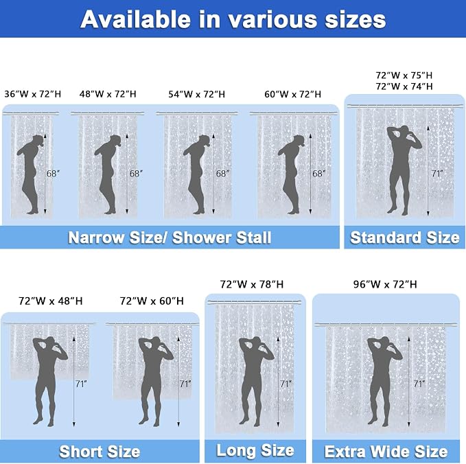 36x72 Shower Curtain Liner, EVA Vinyl Small Narrow Shower Curtain Liner with 2 Weighted Magnets and rustproof Metal Grommets for Bathroom,Non-Toxic Waterproof No Smell Shower Liner