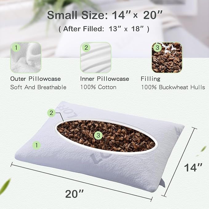 LOFE® Organic Buckwheat Pillow for Sleeping -14''x20'', Adjustable Loft, Breathable for Cool Sleep, Cervical Support for Back and Side Sleepers(Tartary Buckwheat Hulls, A Removable Pillowcase)