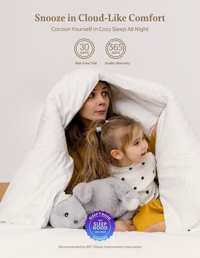 APSMILE Goose Feather Down Fibers Comforter California King Size, Organic Cotton Duvet Insert, All Season Warmth, Baffle Box, Quill-Free Soft Fluffy Hotel Bed Comforter (Ivory White, 104x96 Inch)