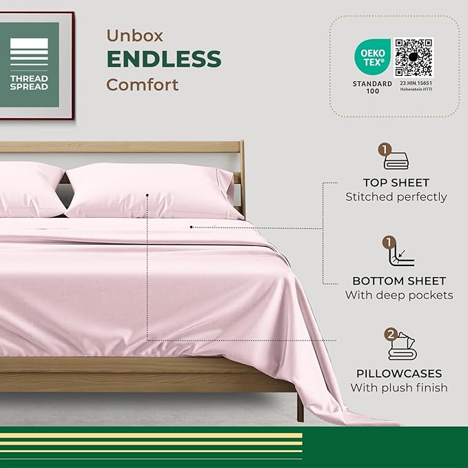 THREAD SPREAD 100% Organic Cotton Sheets California King Size - 4 PC Organic Cotton Cal King Size Percale Weave Sheet Set, Soft, Cooling & Crisp, 16" Deep Pocket Hotel Quality Bedding Set - Blush