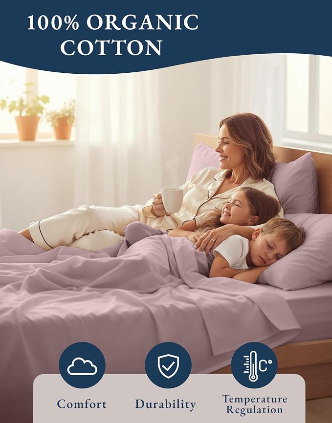 LANE LINEN Twin Sheet Set 100% Organic Cotton 3pc Percale Cooling - Lilac | Twin Sheet Set, GOTS Certified Organic Cotton Percale - Great For Gifting, Easy-Care Machine Washable, For Hot Sleepers