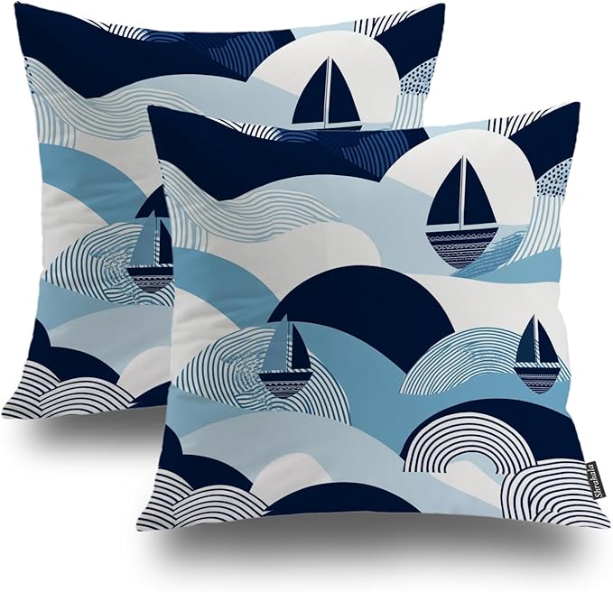 Shrahala Maritime Ocean Waves Decorative Couch Cover, Sailboat Coastal Vibes Square Throw Pillows Blended Double-Sided No Inserts for Bedroom Living Room Set of 2 (18 X 18 in)