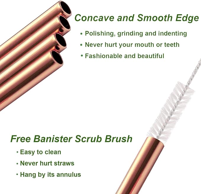 VEHHE Metal Straws Reusable Stainless Steel Straws Drinking Rose Gold 4 Set - Ultra Long 10.5" Cleaning Brush for 20/30 Oz for Yeti RTIC SIC Ozark