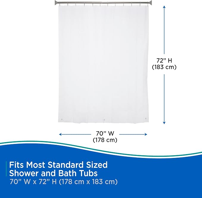 Kenney KN61430 Lightweight 3 Gauge Waterproof PEVA Shower Curtain Liner with Durable Eyelet Hang Holes and Weighted Magnetic Hem for Bathroom, 70" W x 72" H, White, 1-Pack