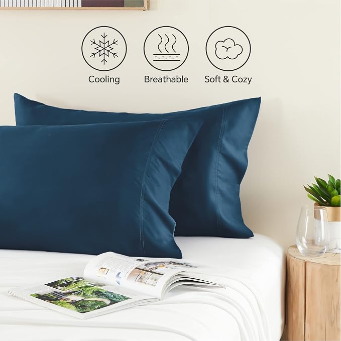 BEDELITE Standard Pillow Cases Set of 2, Rayon Derived from Bamboo, Cooling Pillow Cases for Hot Sleepers & Night Sweats, Breathable Silky Soft Envelope Pillowcases(Navy Blue, 20"x26")