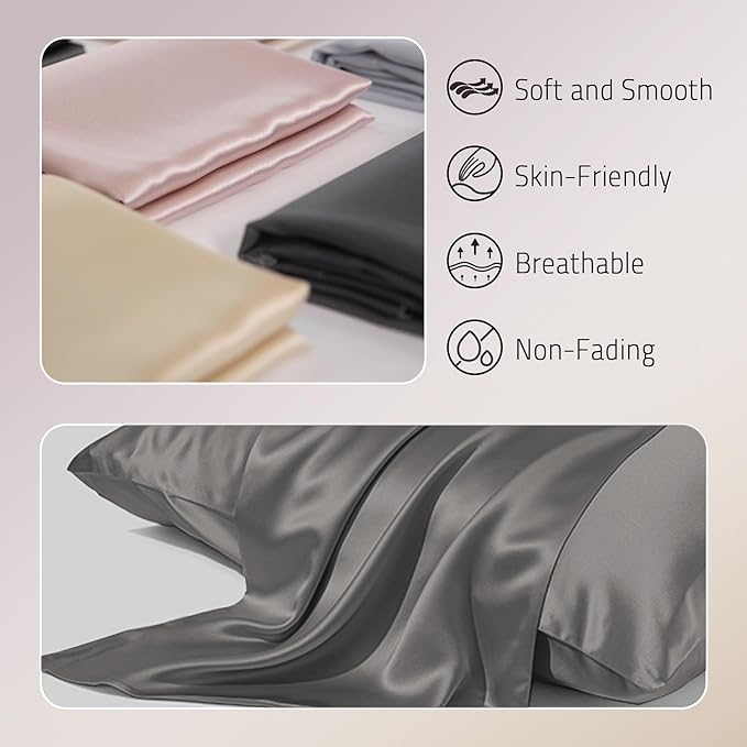 Gabire Mulberry Silk Pillowcase for Hair and Skin Prevent Acne Both Sides Real Silk Pillowcases Organic Silk Pillow Cases with Hidden Zipper, Grey, Standard (20"×26")
