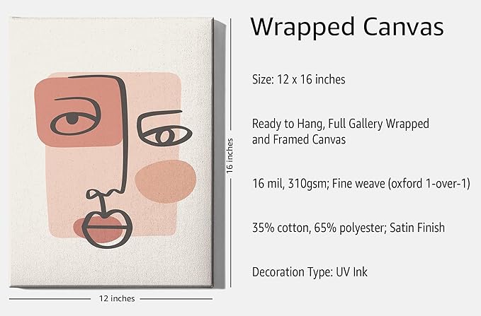 Y2K BOO Abstract Face Wrapped Canvas Wall Art Continuous Line Drawing Organic Shapes Earth Tones Terracotta 12x16 Inch Gallery Stretched Modern Home Wall Art