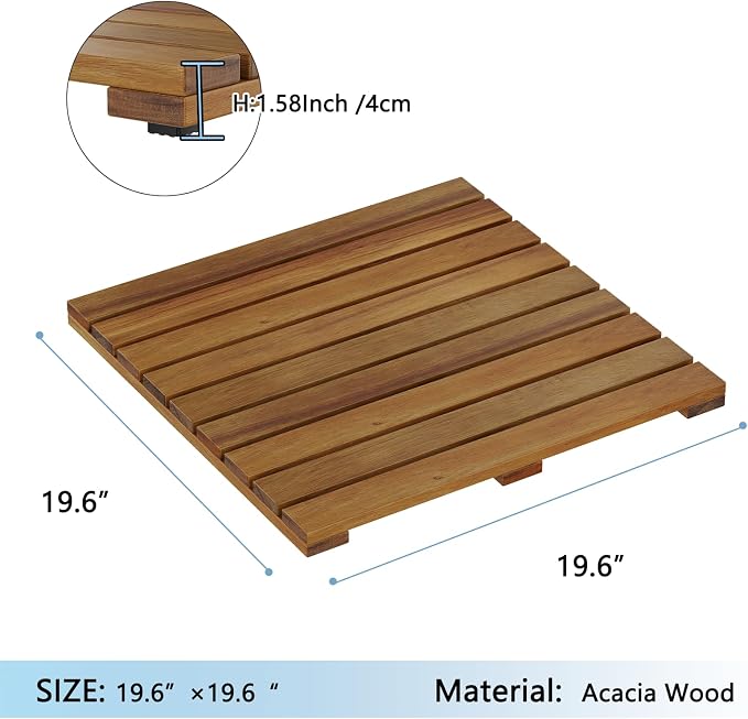 Solid Acacia Wood Shower Mat, Non Slip Bathroom Mat (19.6"×19.6“, Medium) Sturdy Floor Mat for Spa Home or Outdoor Shower, Easy to Clean, Quick Drying