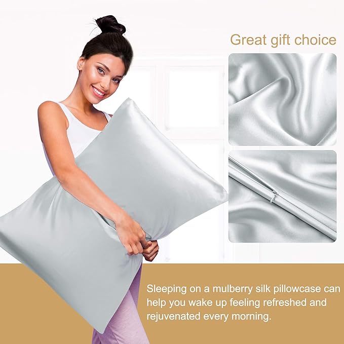 uxcell 1 Pack 100% Charmeuse Pure Silk Pillowcase for Hair and Skin, 350TC 19 Momme Soft Breathable Pillow Case with Hidden Zipper, Silver Gray Queen(20x30inch)