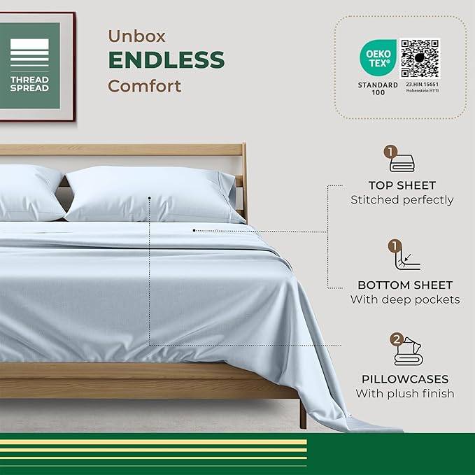THREAD SPREAD 100% Organic Cotton Sheets Full Size - 4 PC Organic Cotton Full Size Percale Weave Sheet Set, Soft, Cooling, Crisp & Breathable, 16" Deep Pocket Hotel Quality Bedding Set - Light Blue
