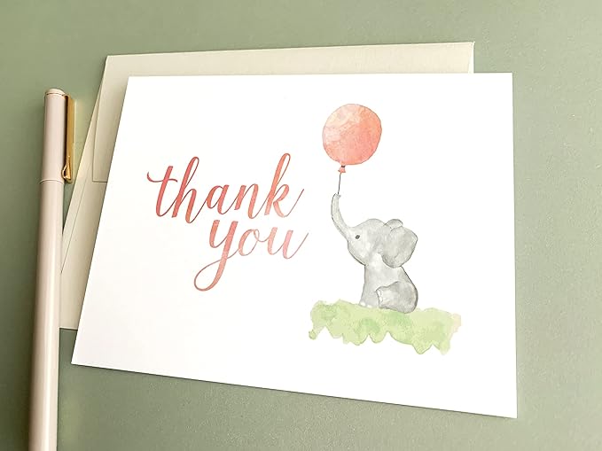 Baby Shower Thank You Cards (Set of 10 Cards + Envelopes) - Watercolor Elephant & Balloon - by Palmer Street Press (Pink)