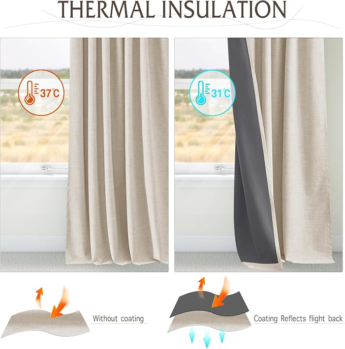 RYB HOME Linen Textured 100% Blackout Curtains Pinch Pleated & Back Tab Drapes Privacy Thermal Insulating for Living Room Kitchen Dining Bay Window, W 42 x L 96 inches, Linen, 2 Panels