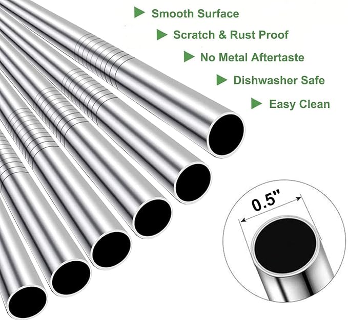 Vinaco Stainless Steel Smoothie Straws, 0.5'' Extra Wide Reusable Metal Drinking Straws for Milkshakes, Bubble Tea, Smoothie, Set of 6 Jumbo Drinks with 1 Cleaning Brush