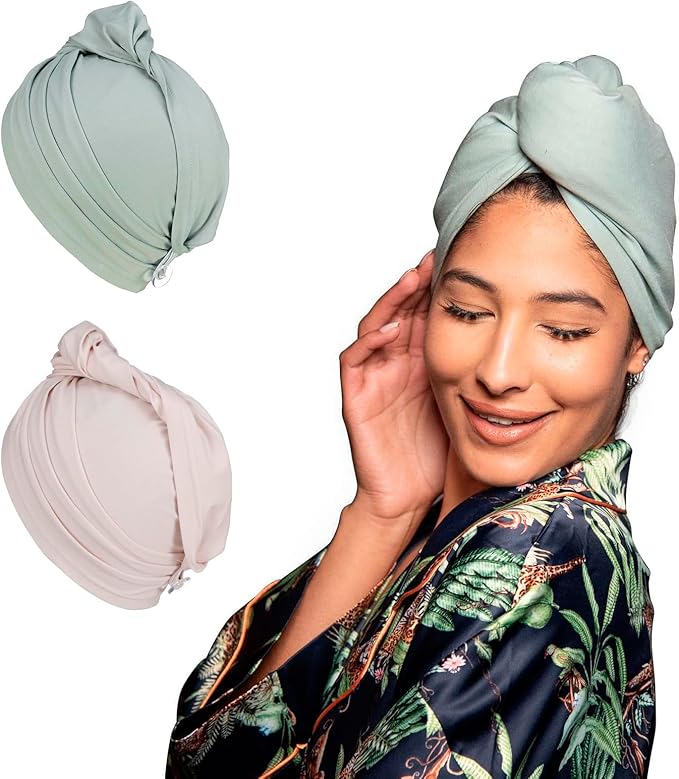 2 Pack T-Shirt Hair Plopping Towel for All Textures - Cotton Blend Water Absorption Turban with Secure Button - Moisture Gentle Styling and Setting Wrap - Sage & Pink