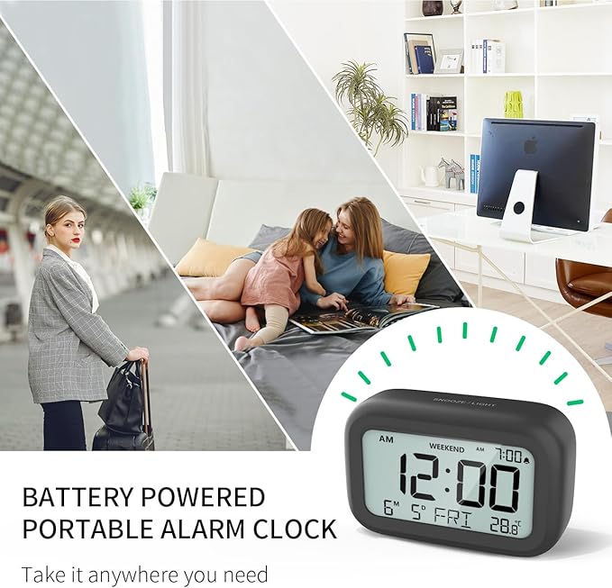 DOOMAY Digital Alarm Clock Bedside - Battery Powered Clock with LCD Display Volume Adjustable Snooze and Weekend Mode for Bedroom Office Desk Travel - Black