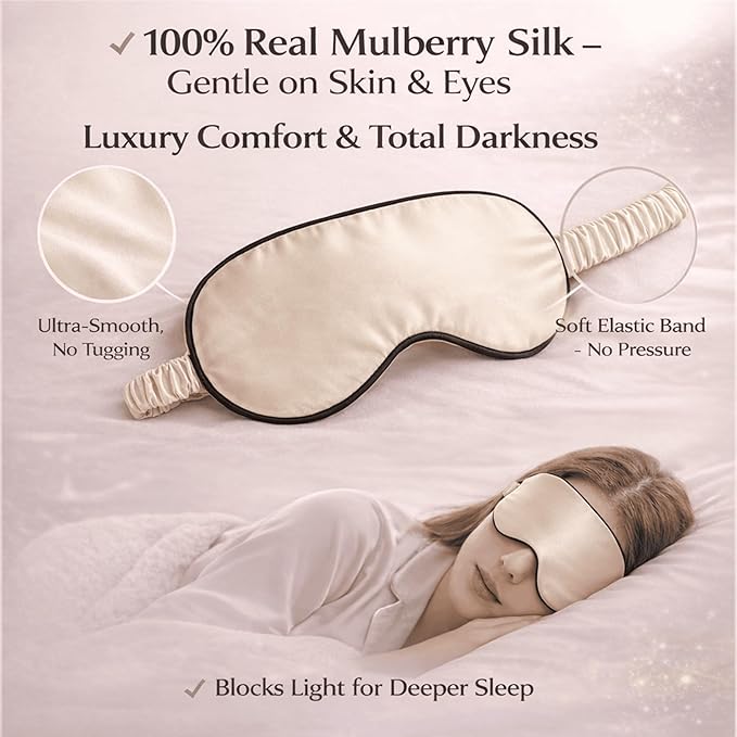 100% Mulberry Silk Sleep Mask for Women/Men Airplane Travel, Pure 22 Momme Silk Eye Mask Blackout for Sleeping, Ajustable, Luxury, Anti Wrinkle, Anti Aging Silk Blindfold, Made in USA (Champagne)