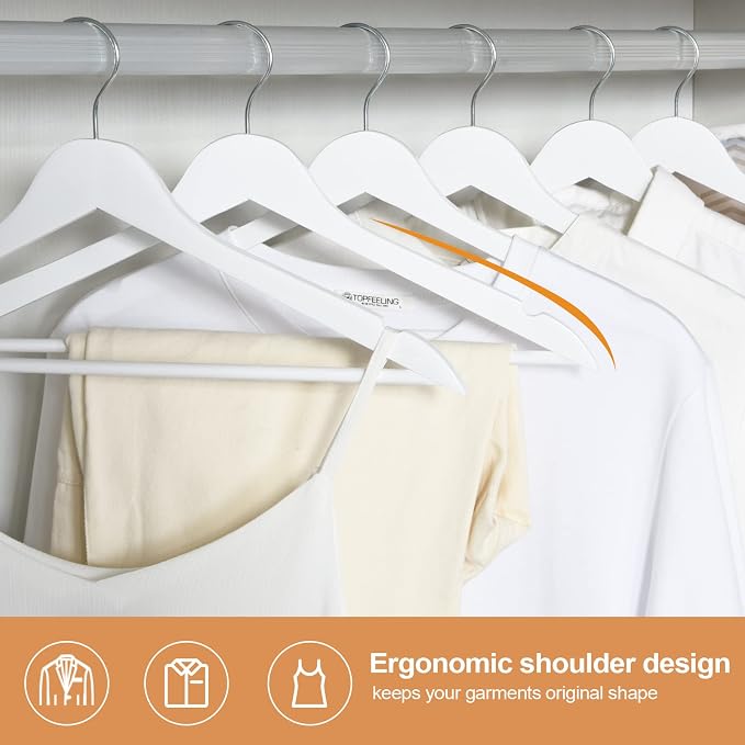 Wooden Hangers 20 Pack, Wood Hangers with Extra Smooth Finish, Precisely Cut Notches & Chrome Swivel Hook, Wooden Clothes Hangers for Shirt Coat Jacket Dress, White
