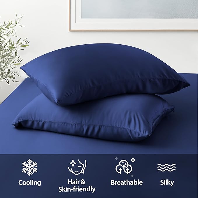 2 Pack Cooling Pillow Cases,Viscose Derived from Bamboo Pillow Protectors Standard Size Set of 2, 400 Thread Count Soft Silky Breathable Summer Pillow Cover with Zipper Hidden 2PCS, NavyBlue, Standard