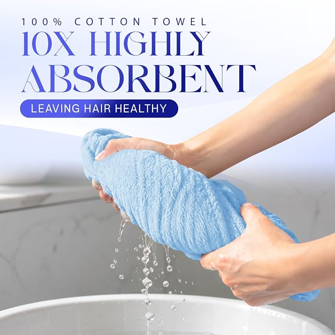 Lili&James Cotton Hair Towel Wrap for Women/Kids | Quick Dry, Soft & Absorbent Hair Wrap Towels with Double Button (Pack of 1, Blue Large)