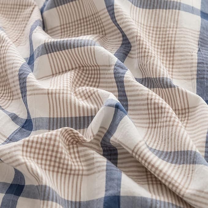 FACE TWO FACE Bedding Duvet Cover Set 3 Pieces 100% Washed Cotton Duvet Cover Linen Like Textured Breathable Durable Soft Comfy(King, Blue Grid)