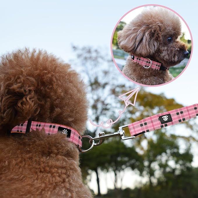 NESTROAD Dog Collar and Leash Set,Soft Neoprene Pet Collar with Quick Release Buckle,Adjustable Nylon Dog Collars for Small Medium Large Dogs(Small,Cherecked Pink)
