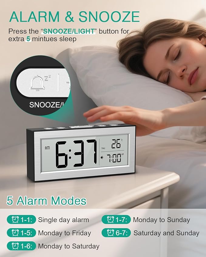ORIA Battery Operated Digital Clock, Small Travel Alarm Clock with Auto Dimmer, Date, Temp & Week, Bedside Desk Clock with LCD Display for Bedroom, Office, Batteries Included