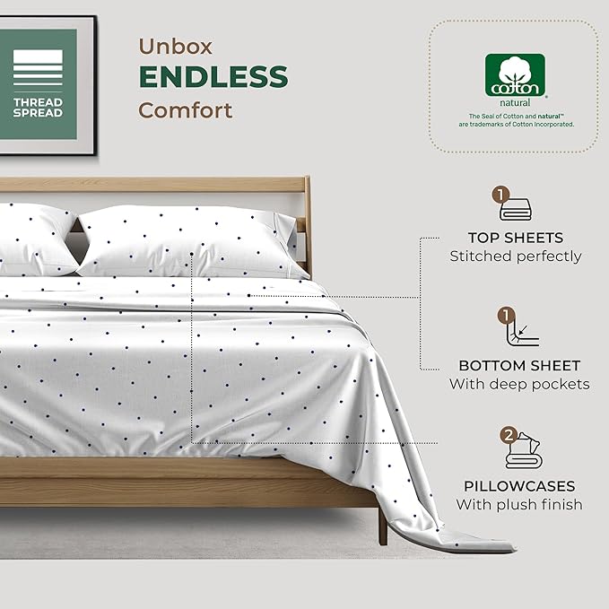 THREAD SPREAD 100% Organic Cotton Sheets California King Size - Organic Cotton Cal King Size Percale Sheet Set (4 PC, Navy Polka Dot), Soft, Cooling & Crisp, 16" Deep Pocket Hotel Quality Bedding Set