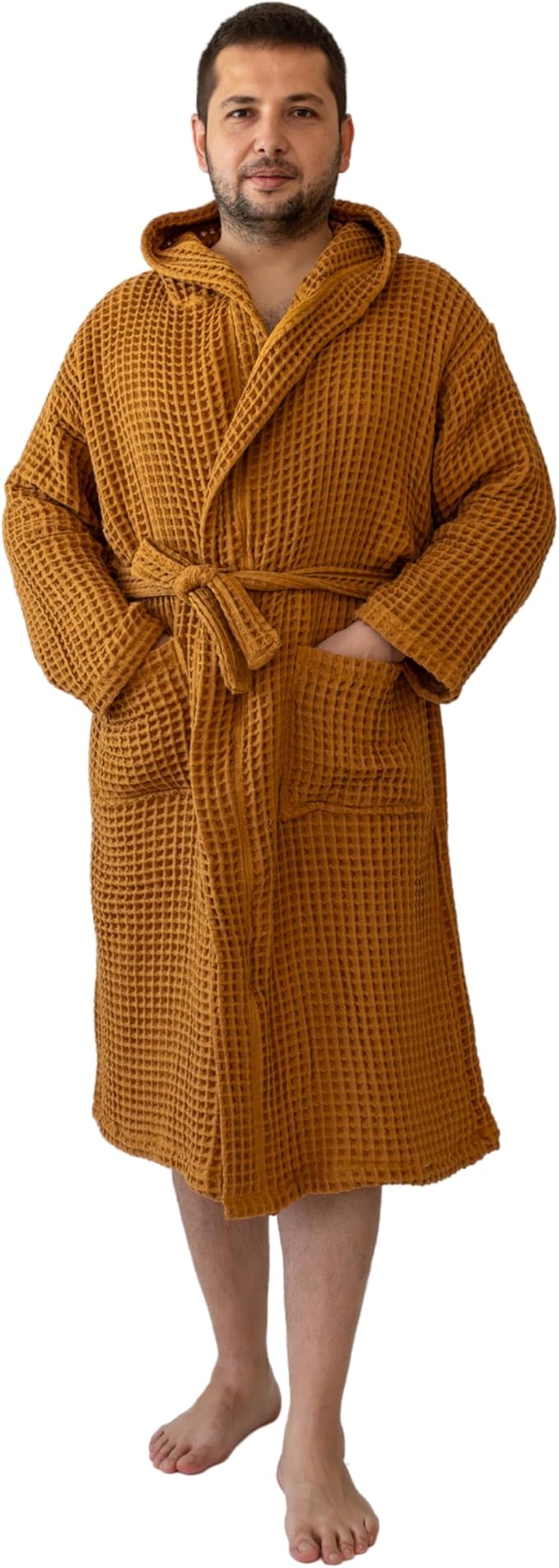 100% Turkish Cotton Men's Waffle Robe with Hooded, Premium Soft Cozy Housecoat or Quick-Dry Bathrobe for Mens