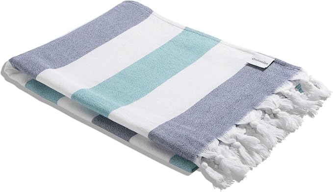 InfuseZen Terry Cloth Lined Turkish Bath & Beach Towel – Striped Design - 100% Organic Turkish Cotton - Soft, Lightweight, Absorbent Peshtemal - Quick Dry for Beach, Bath, Throw, Travel - Navy/Aqua
