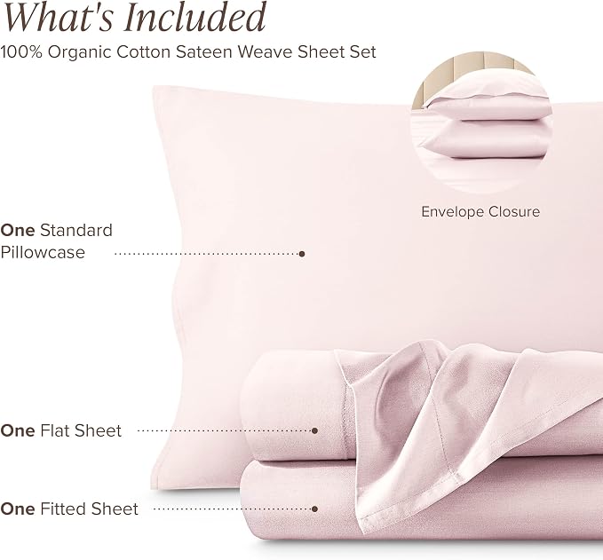 Bare Home 100% Organic Cotton Twin Sheet Set - 400 Thread Count - Smooth Sateen Weave - Breathable & Cooling - Hotel Luxury Set - Deep Pocket Bed Sheets (Twin, Dusty Pink)