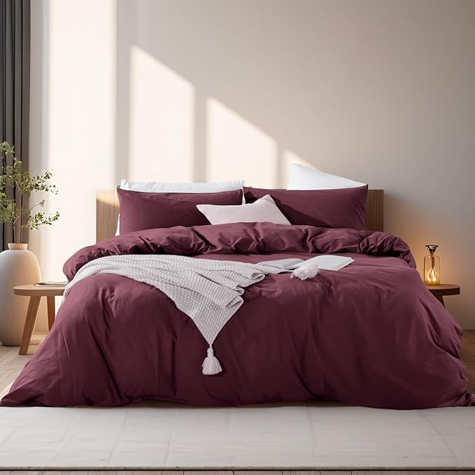 NEXHOME PRO Duvet Cover Set 100% Washed Cotton Super King 108"x98", Organic Natural Linen Look Textured 3 Pieces Bedding Set Burgundy Dark Red with Zipper Closure, Breathable (No Comforter)
