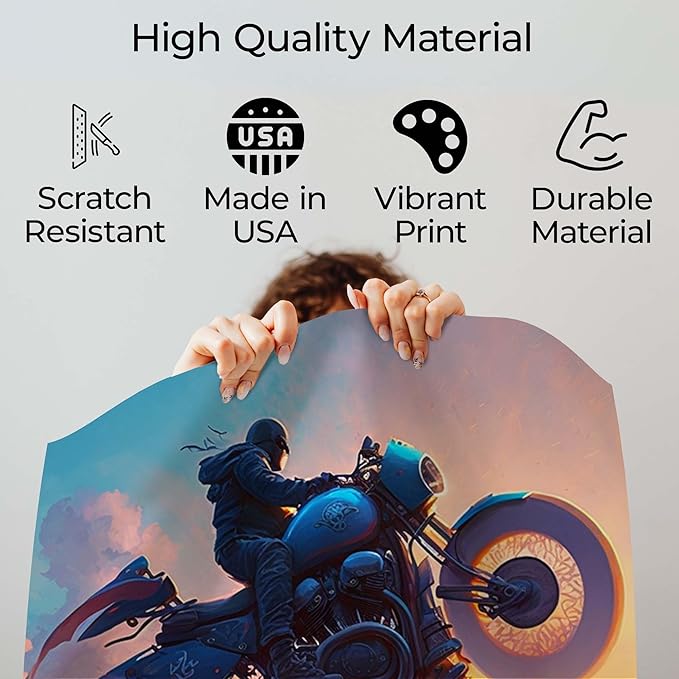 InkFlow Posters Motorcycle Rider Poster - Futuristic Biker in the Clouds - Surreal Sunset Art for Living Room, Bedroom, Home - Adventure-Themed Graphic Print - 16x20 Unframed Canvas Print