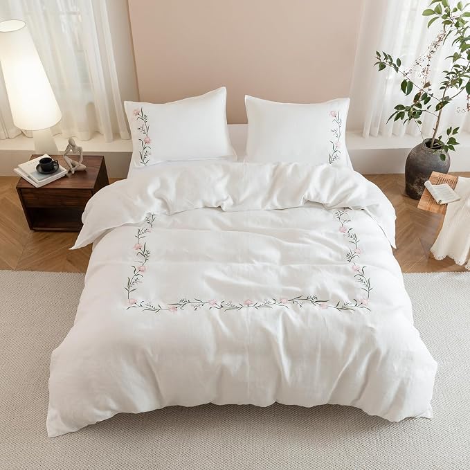 EVERLY 100% Pure Linen Duvet Cover Set King Size 104X90Inch 3pcs (1 Duvet Cover,2 Pillowcases) Soft and Breathable for All Season with Coconut Button Closure, Suitable for Hot Sleepers-Linen King