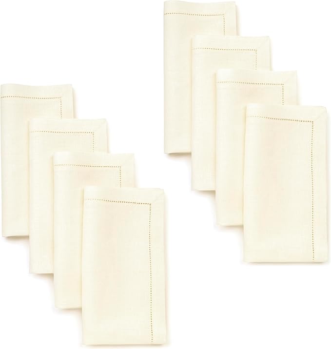 Signature Linen™ by D'Moksha Ivory Dinner Napkins Set of 8, 20 x 20 Inch Cloth Napkins, 100% Pure Linen, Hemstitch, Machine Washable Table Napkins- Summer, Father's Day