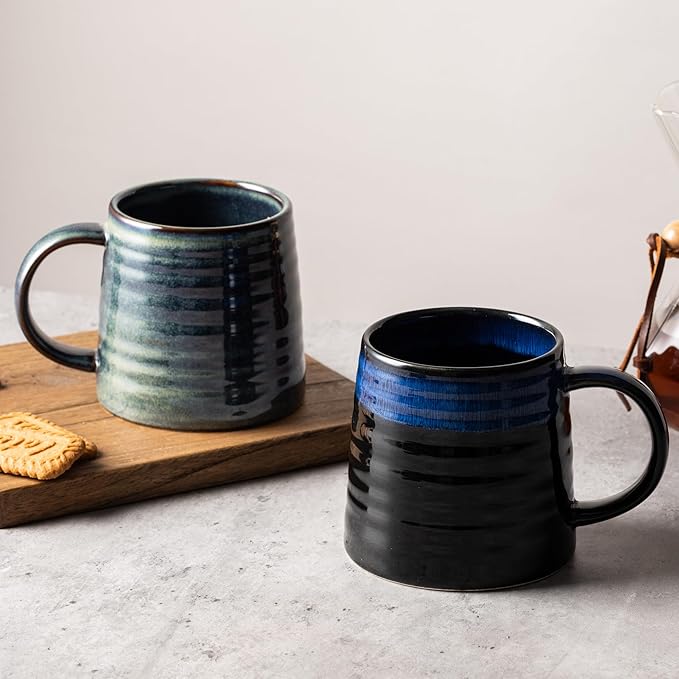 15.5 Oz Large Reactive Glaze Ceramic Mug, Heavy Weighted Stoneware Coffee Cup, Wide Base, Thick Wall Big Tea Cup with Custom Package Box, Microwave & Dishwasher Safe (Blue-Black)