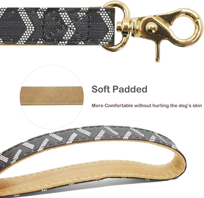 Leather Dog Collar and Leash Set, Check Pattern Dog Collar Leashes Metal Buckle Adjustable Durable for Small Medium Large Dogs (Black, S(11.4-13.4IN))