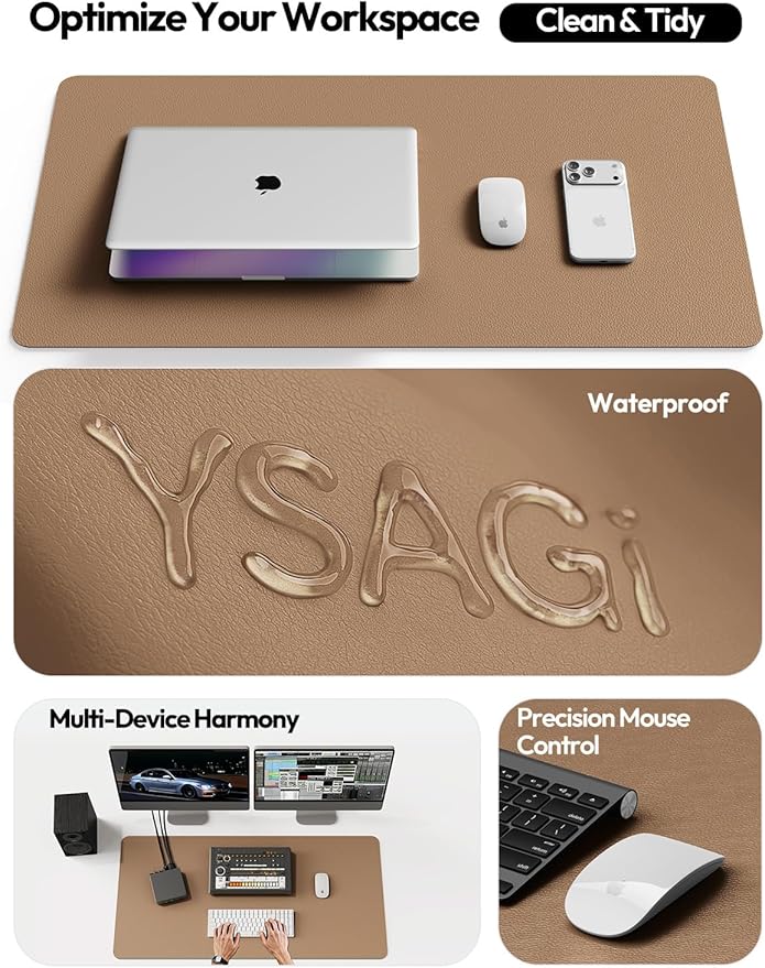 YSAGi Leather Desk Pad Protector, Office Desk Mat, Large Mouse Pad, Non-Slip PU Leather Desk Blotter, Laptop Desk Pad, Waterproof Desk Writing Pad for Office and Home (Khaki,55" x 24")