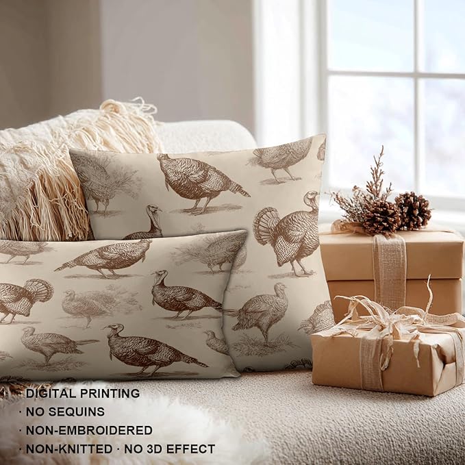 Shrahala Wild Turkeys Decorative Throw Pillow Cover, Vintage Turkey Illustration Lumbar Pillowcase Blended Double-Sided No Inserts for Bedroom Living Room Set of 2 (12 x 20 in)