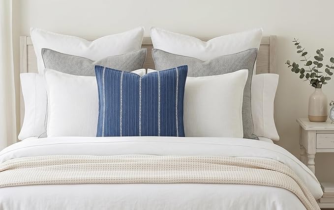 SanVia Cotton Throw Pillow Covers 20x20 – Handwoven Jacquard Texture, Fade-Resistant, No Pilling – Hidden Zipper, Decorative Cushion Cover for Sofa, Couch, Bed – Insert Not Included (Striped, Blue)