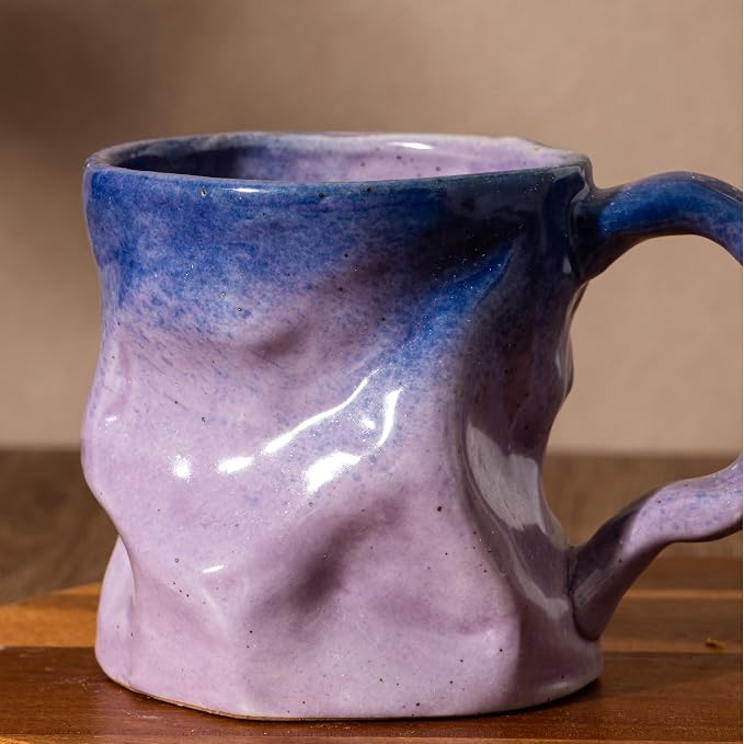 Handmade Ceramic Coffee Mugs, Mugs with Spoon, 11oz, Handmade Pottery Mug with Handle, Hand-painting, Unique Uneven Surface Tea cups, Dishwasher and Microwave Safe (Purple)