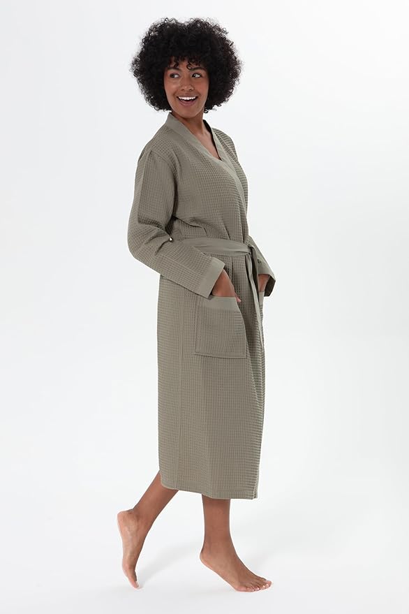 SEYANTE Women's Organic Cotton Waffle Kimono, Hooded Robe – GOTS Certified Lightweight Full-Length Spa Bathrobe with Piping