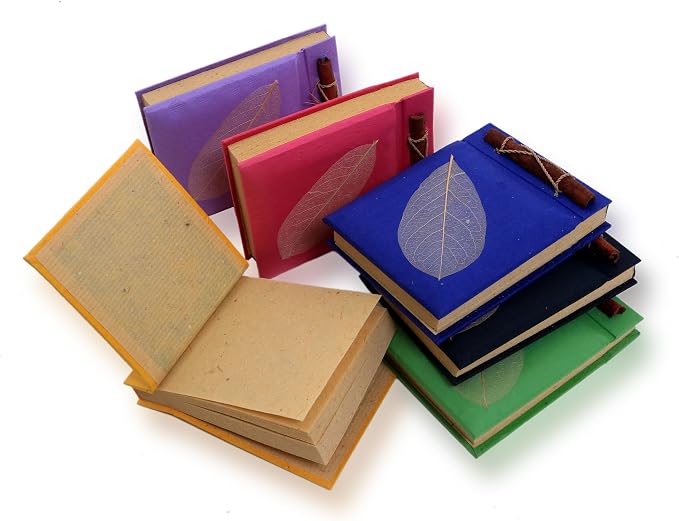 NOVICA Purple Pink Green Yellow Recycled Natural Fiber Notebooks With Rice Paper, 'Happy Leaf' (Set Of 6)