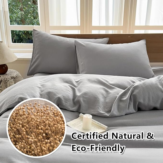 100% French Flax Linen Duvet Cover Set King, 3-Piece Soft Breathable Cooling Bedding for Hot Sleepers, Natural Washed Linen with Zipper Closure & 8 Corner Ties (King, Grey)
